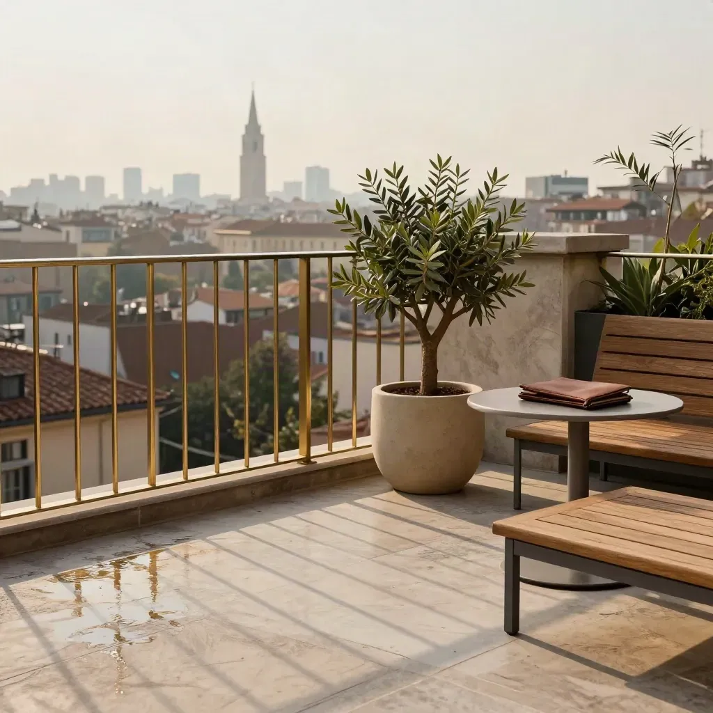 Terrazza dell’ufficio con vista su Milano all’alba, dettagli in ottone e pietra.