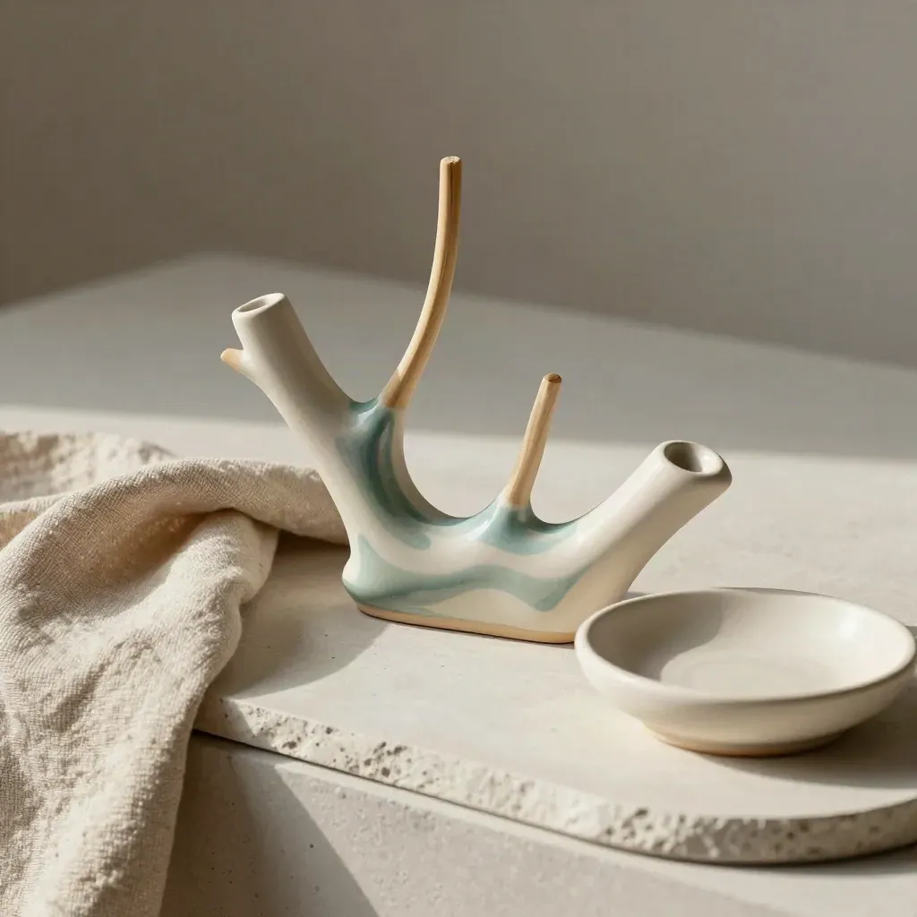 Scultura ceramica con listelli di legno, lino piegato e piattino su sweep chiaro.